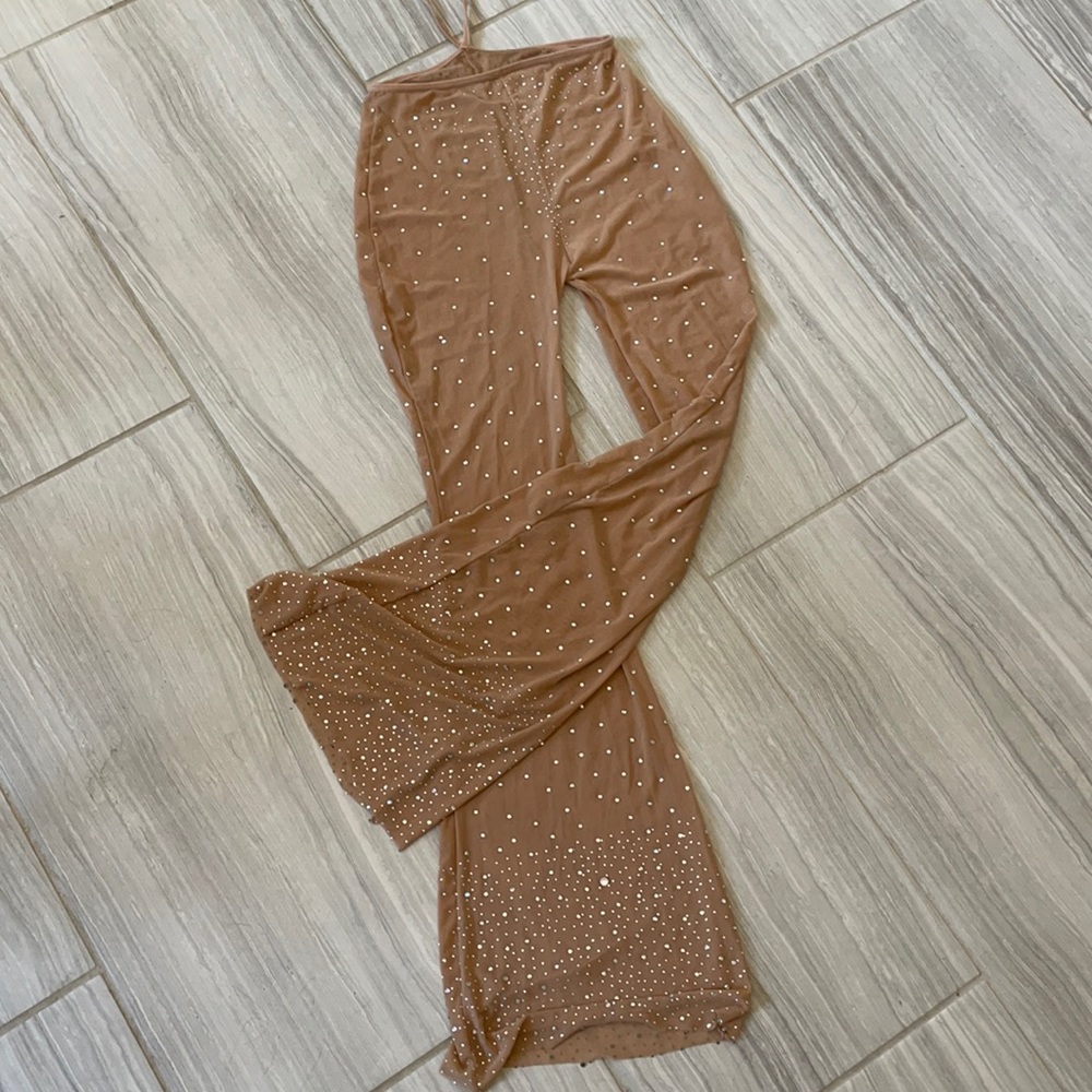 Sheer mesh rhinestone pant set